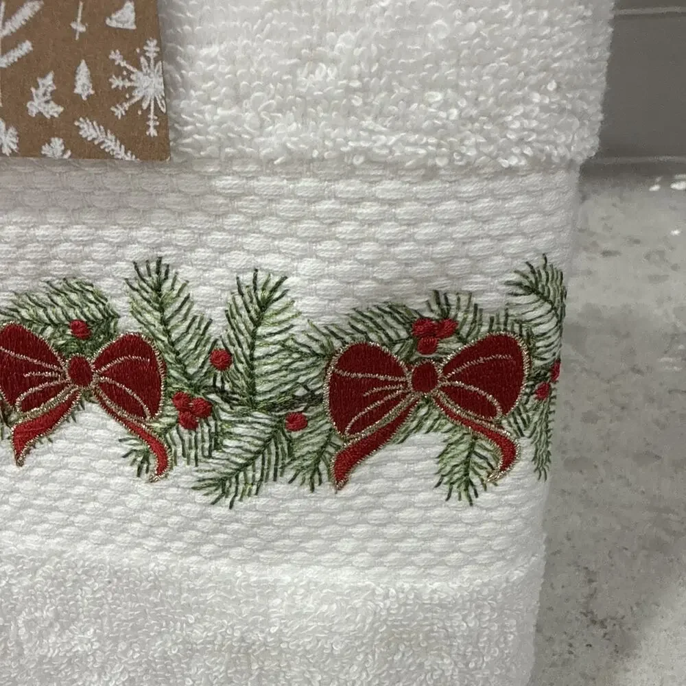 Set of 2 Arctic Holiday Christmas Hand Towels Holly Berries Embroidered Turkish
